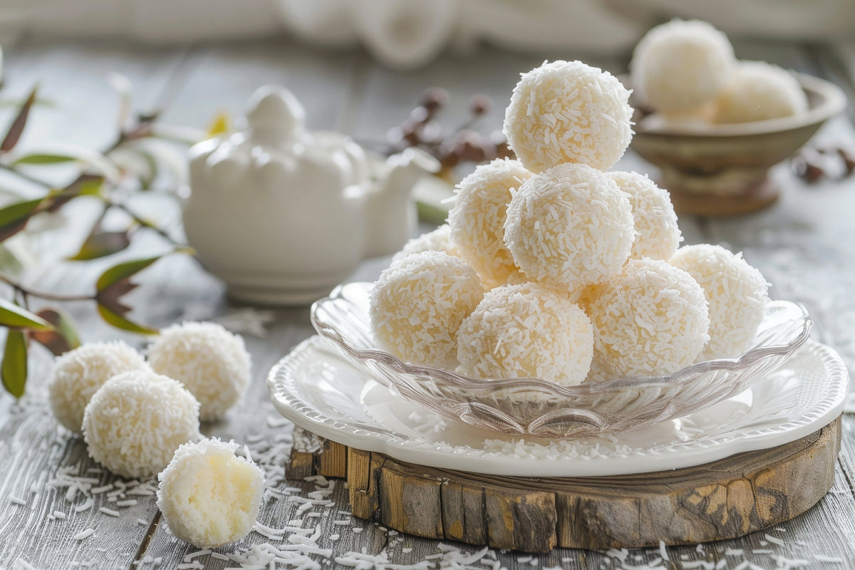 Truffes coco maison façon Raffaello, enrobées de noix de coco râpée, accompagnées d'amandes entières et de morceaux de noix de coco, sur une surface claire avec des noix de coco en arrière-plan.