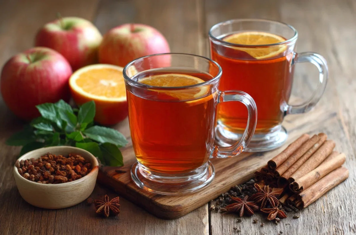 Tasse d’infusion chaude aux pommes, cannelle et orange, servie avec des tranches de fruits et un bâton de cannelle.