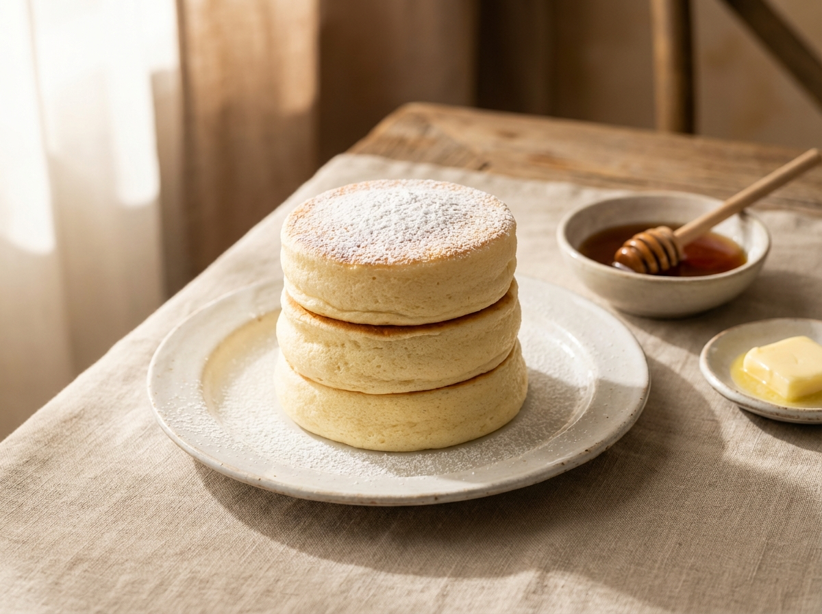 Un pancake japonais épais et moelleux garni de crème chantilly, de myrtilles fraîches et saupoudré de sucre glace, décoré avec une feuille de menthe sur une assiette.
