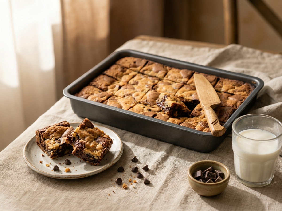 Carrés de brookie maison, moitié brownie fondant, moitié cookie doré, posés sur une planche en bois.