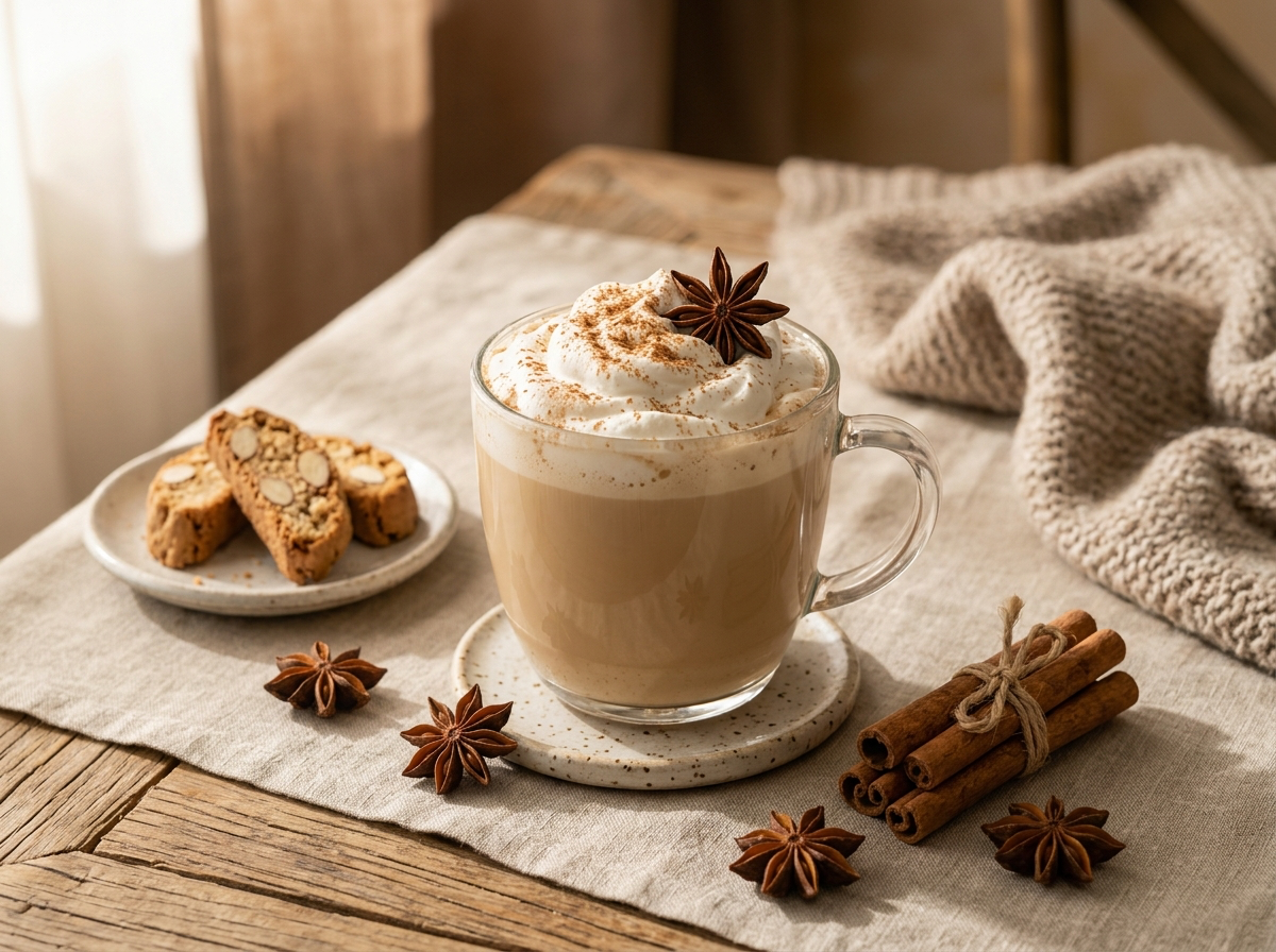 Tasse de chaï latte crémeux, saupoudré de cannelle, posée sur une table avec des épices entières autour.