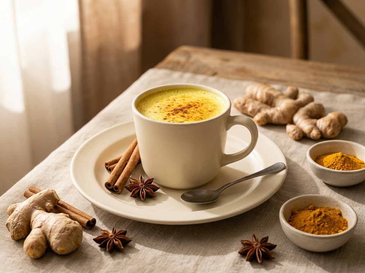Tasse de golden milk, boisson chaude au lait et curcuma, décorée de poudre de cannelle.