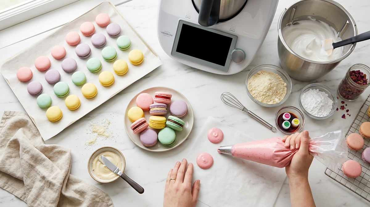 coques de macarons aux amandes, lisses et brillantes avec une collerette, garnies d'une crème colorée.