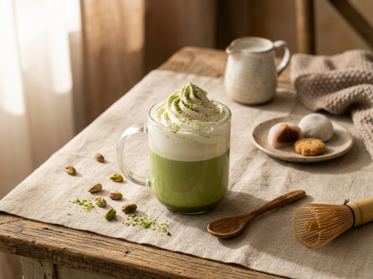 Tasse de matcha latte chaud, mousse verte crémeuse sur le dessus, servie dans une tasse en céramique japonaise.