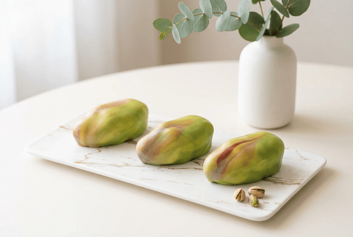 Trompe-l'œil Pistache entremets vert effet velours sur assiette