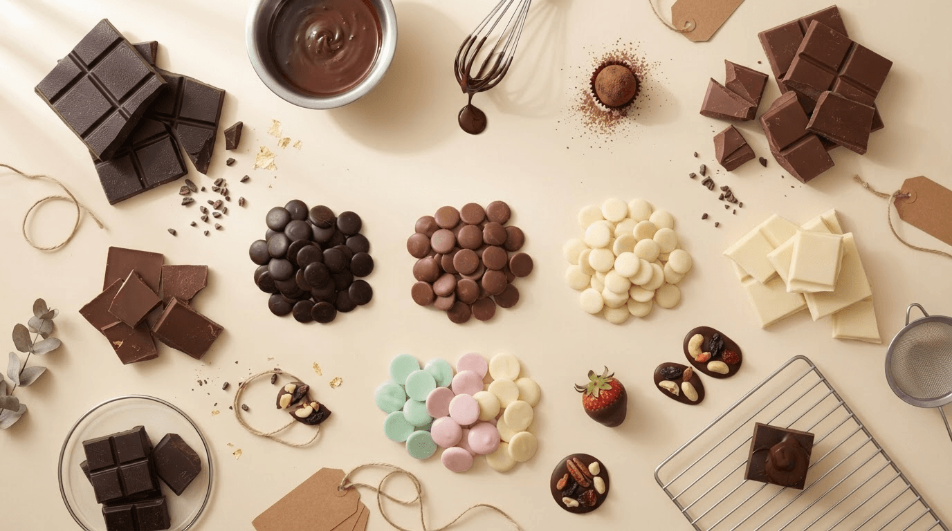 Carrés de chocolat noir, au lait et blanc, disposés en assortiment, idéals pour la pâtisserie et la décoration des desserts.