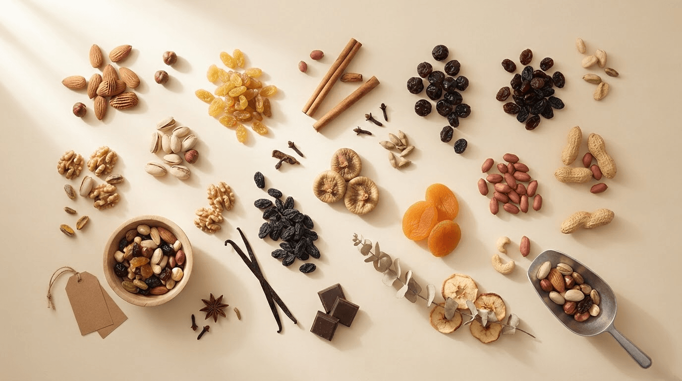 Assortiment de fruits secs comprenant amandes, noix, noisettes et abricots séchés, parfaits pour ajouter du croquant et de la saveur aux recettes.