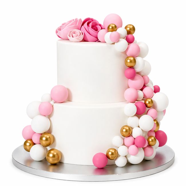 Set Boules Décoratives sur Tiges - Rose Vif Ombré & Or - 32 pièces