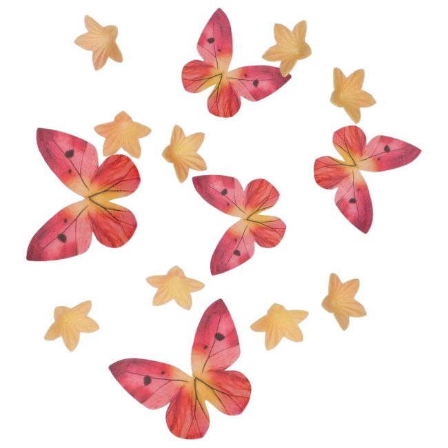 Set/30 Décorations en Papier Comestibles - Fleurs & Papillons Orange Rose