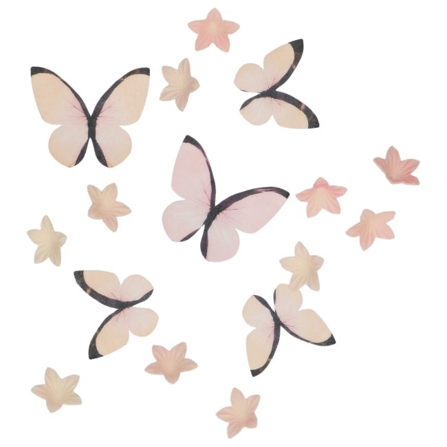 Set/30 Décorations en Papier Comestibles - Fleurs & Papillons Rose Ombré
